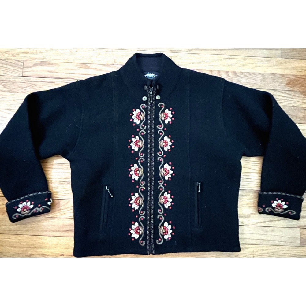 Icelandic Design Vintage Wool Floral Embroidered Jacket Black Women Large L